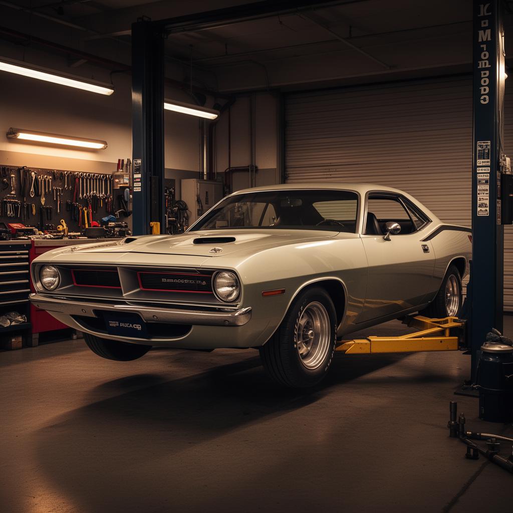 Plymouth Barracuda Karosserie im Restaurationsaufbau in der Werkstatt