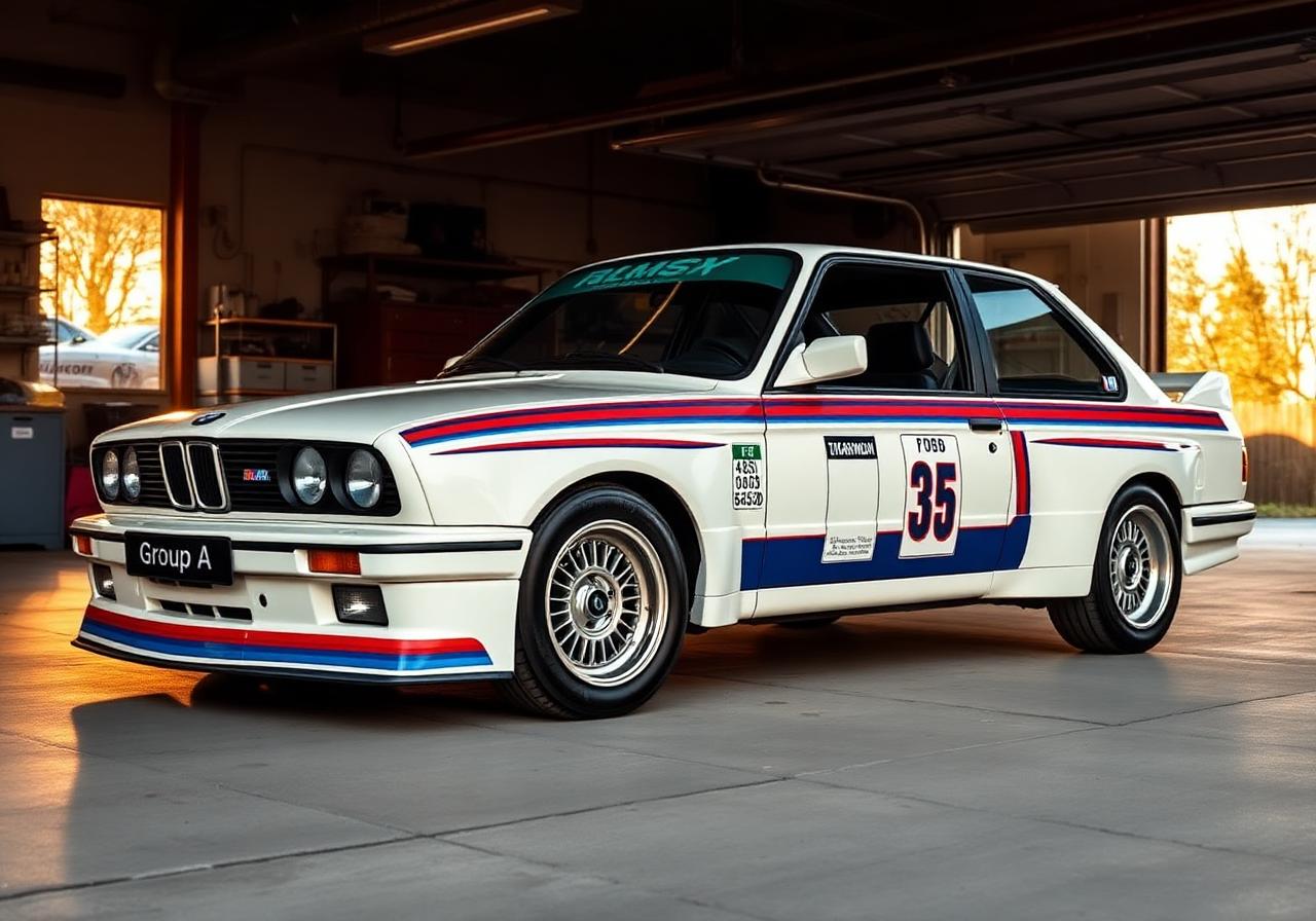 BMW E30 M3 im Gruppe-A-Aufbau mit Dachspoiler und Renndekor in der Werkstatt