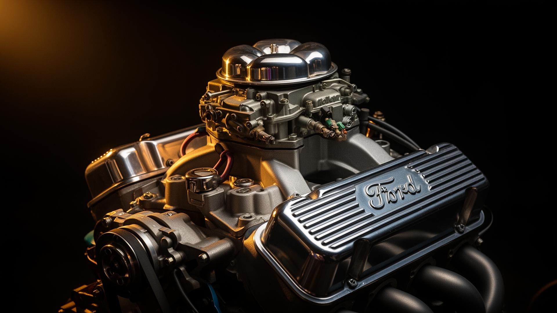 Frisch aufgebauter Ford 302 Small-Block V8 Rennmotor auf dem Werkstattwagen