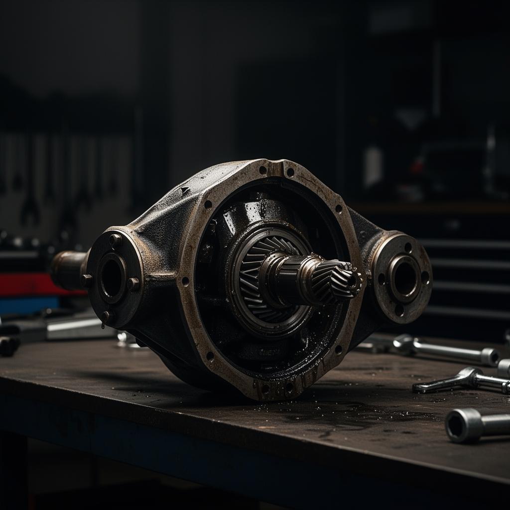 Geöffnetes Differential einer Ford 9-Zoll Hinterachse mit sichtbarem Tellerrad und Ritzel