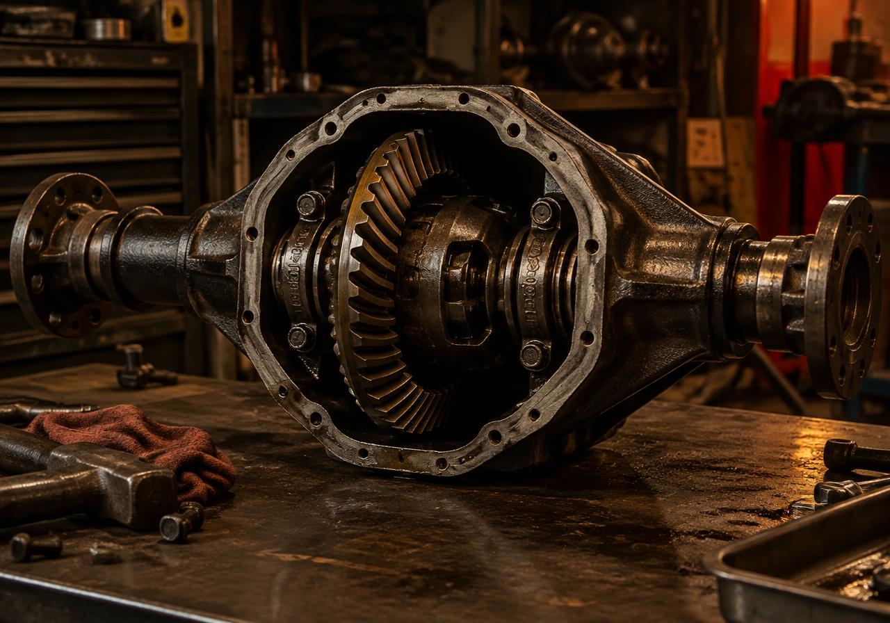 Geöffnetes Differential einer Ford 9-Zoll Hinterachse mit sichtbarem Tellerrad und Ritzel