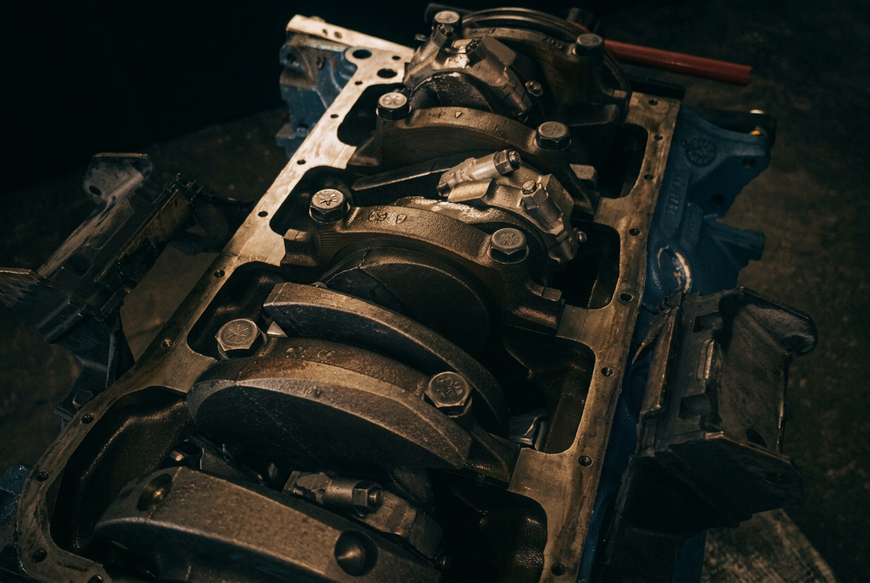 Geschmiedete Kurbelwelle im Ford V8 Motorblock während der Präzisionsmontage