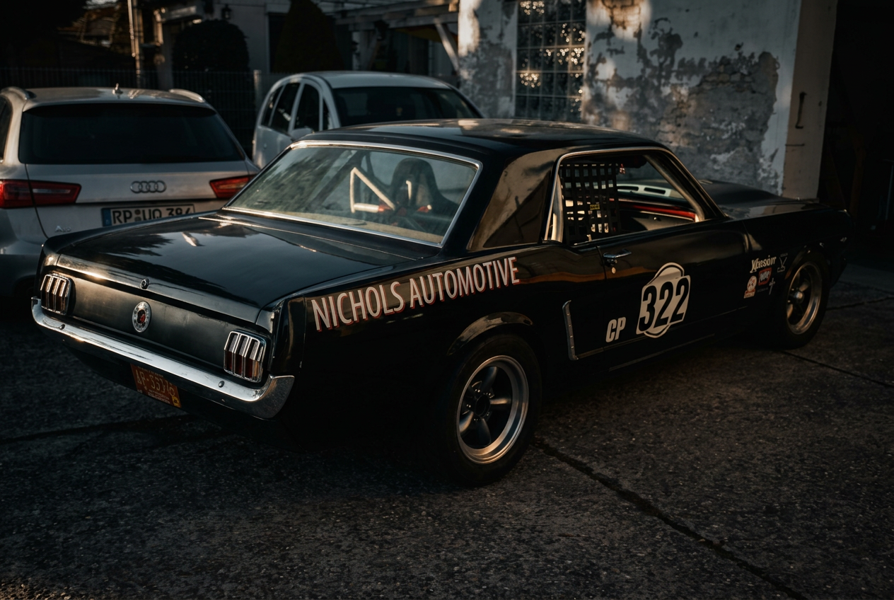 Ford Mustang Rennwagen Startnummer 322 von Nichols Automotive auf der Hebebühne
