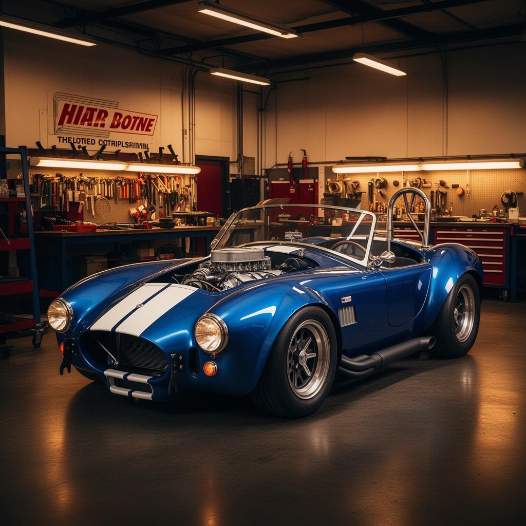 Shelby Cobra 427 Roadster mit offener Motorhaube in der Werkstatt